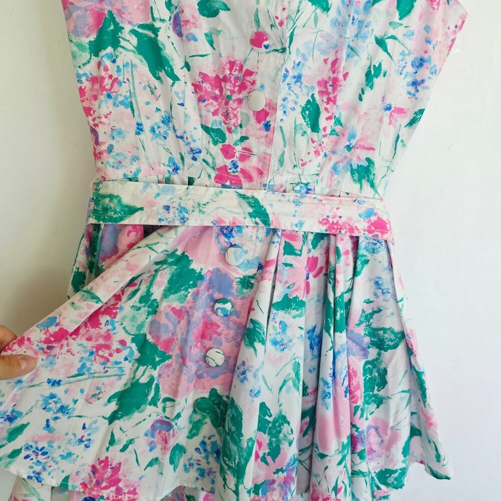 Vintage 80s Peplum Dress Pencil Skirt Small White Pink Floral Belted Sleeveless - Picture 6 of 11